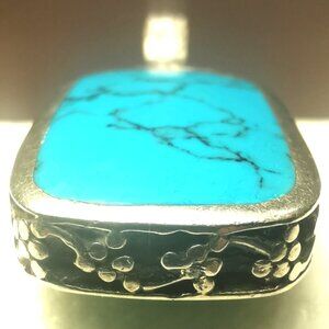 Large circa 1960s Mexican Silver Turquoise Pendant - Rare 2.6% Gold Content - 1.